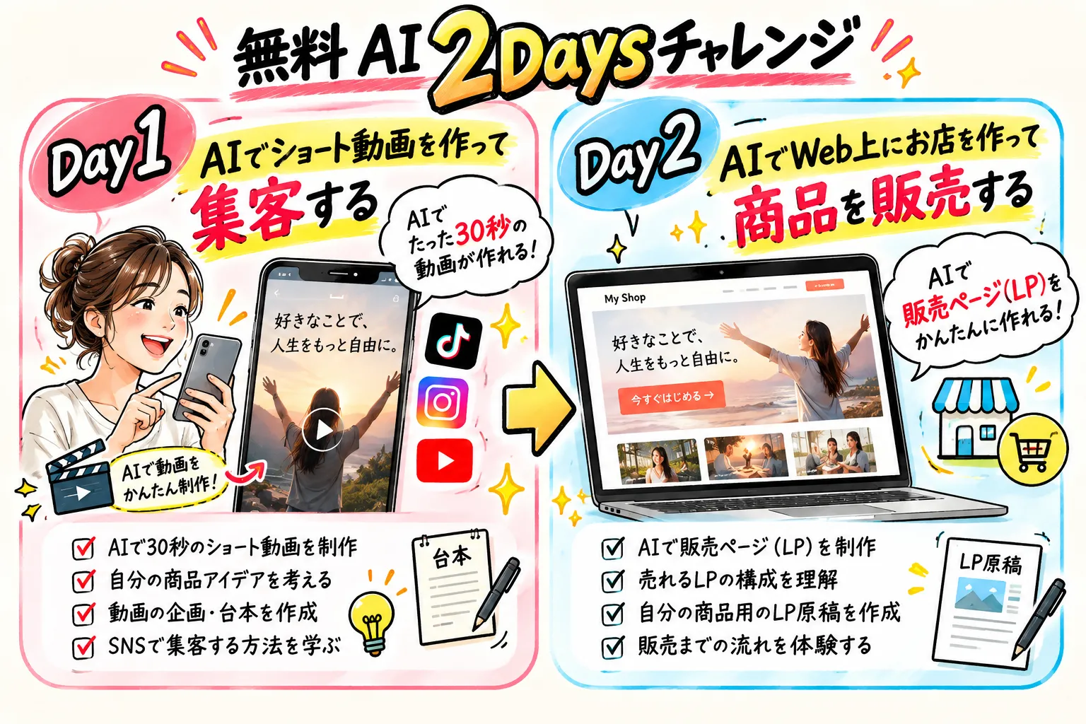 無料AI 2Daysチャレンジ。Day1はAIでショート動画を作って集客、Day2はAIで販売ページを作って商品を販売する。