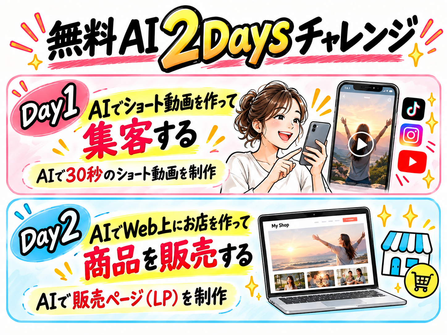 無料AI 2Daysチャレンジ。Day1 AIでショート動画を作って集客する。AIで30秒のショート動画を制作。Day2 AIでWeb上にお店を作って商品を販売する。AIで販売ページ(LP)を制作。