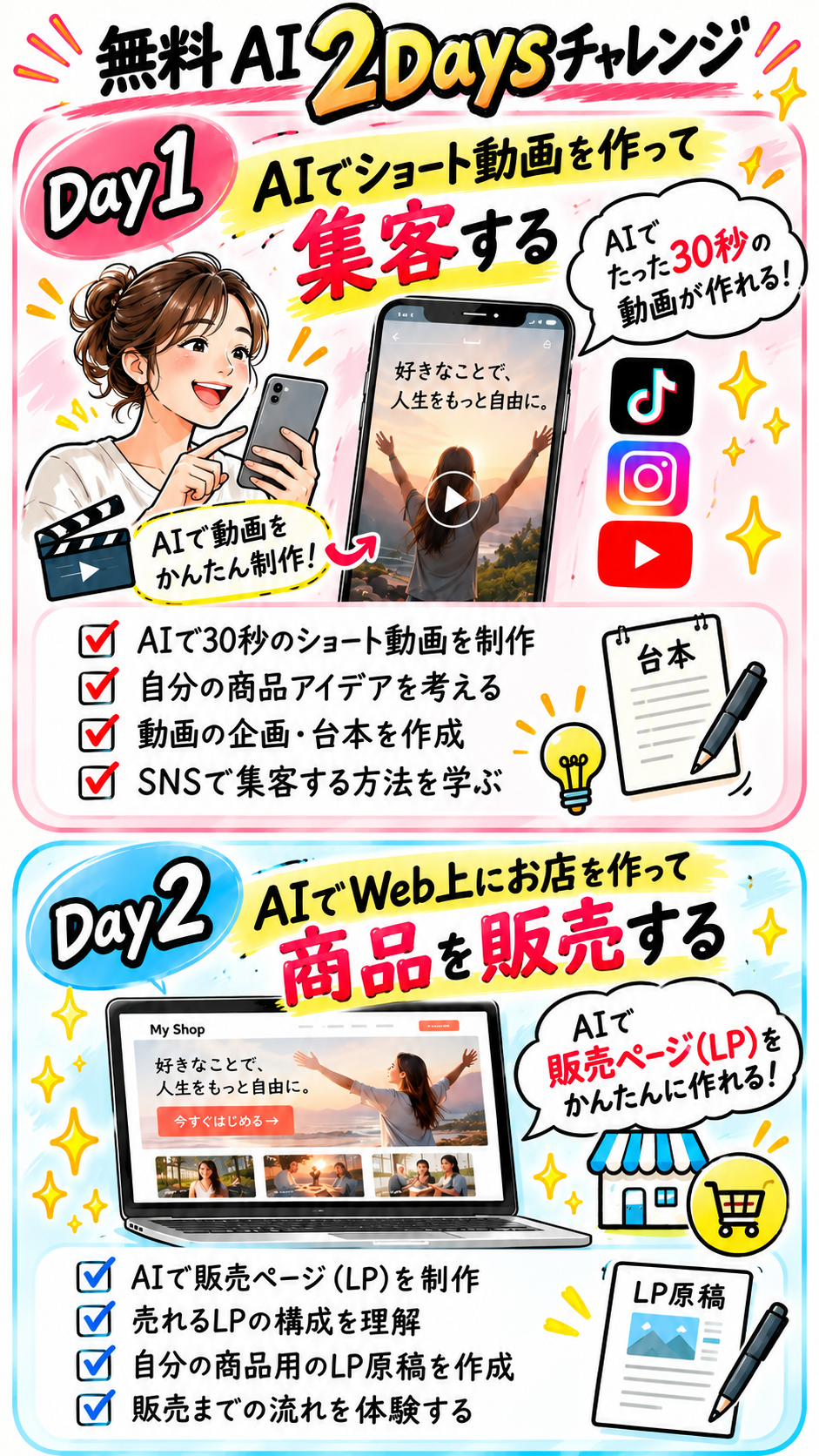 無料AI 2Daysチャレンジ。Day1 AIでショート動画を作って集客する。Day2 AIでWeb上にお店を作って商品を販売する。